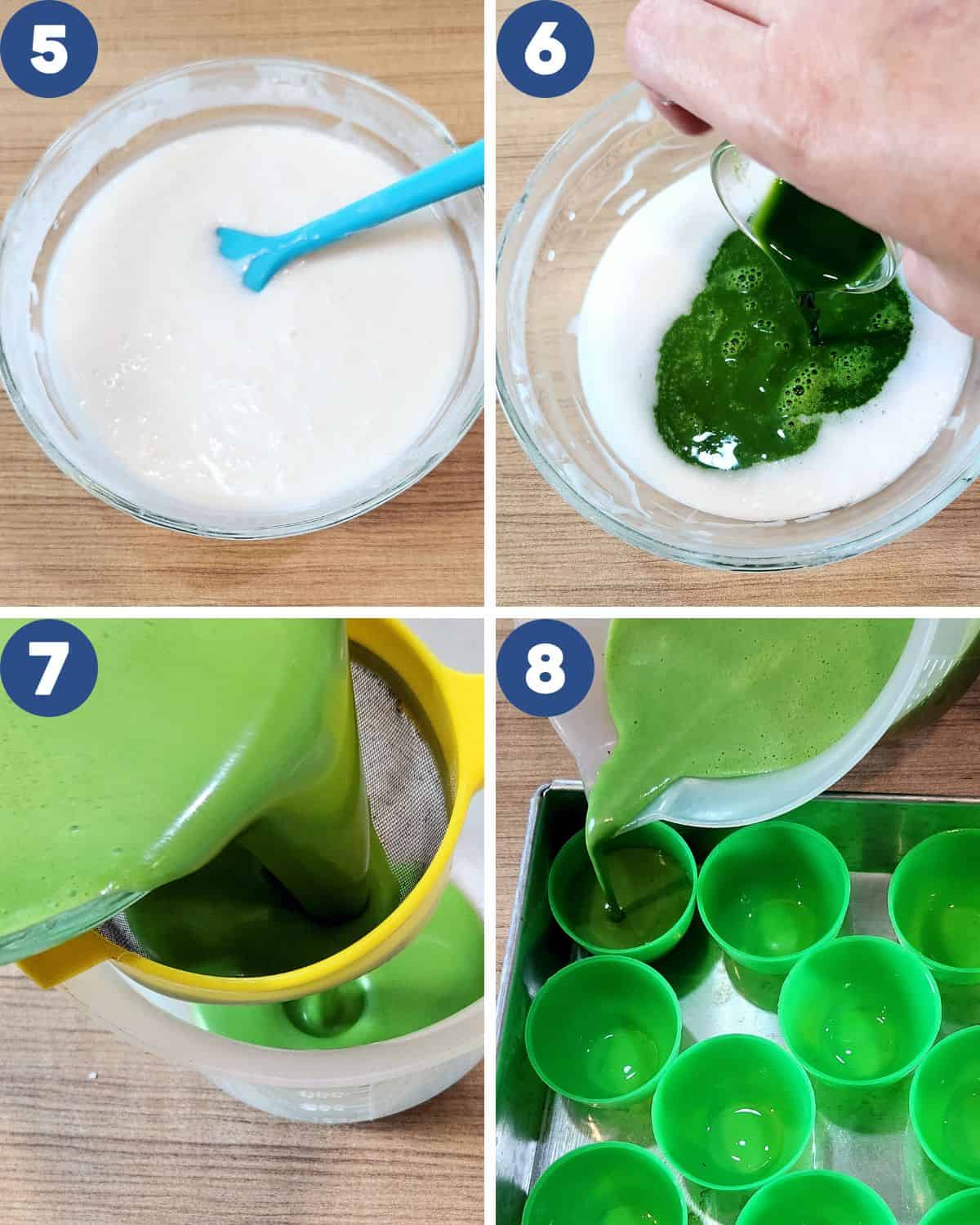Step by step process photos of mixing the pandan extract into the batter, straining, and pouring it into the mold.