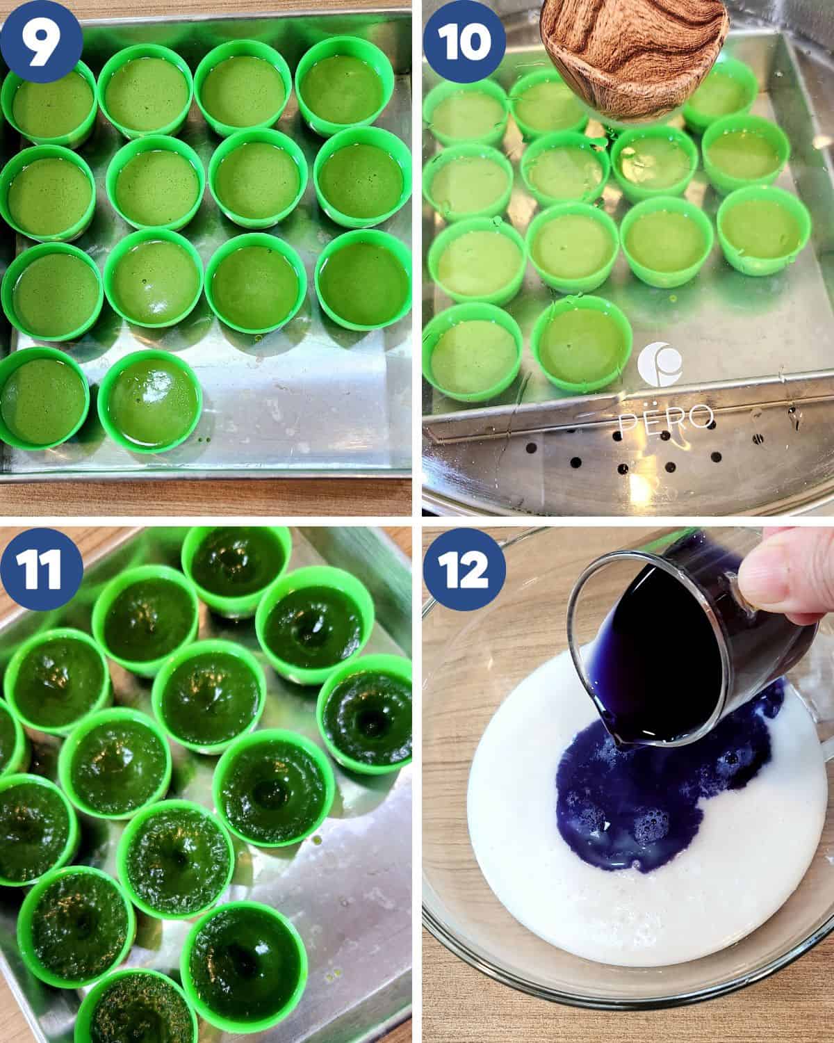 Step by step process photos of steaming the rice cakes and preparing the blue batter.