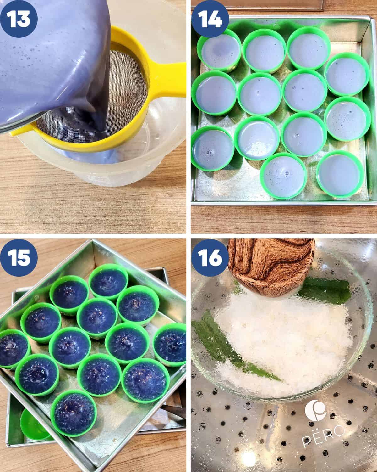 Step by step process photos of straining the blue batter and steaming them and grated coconut.