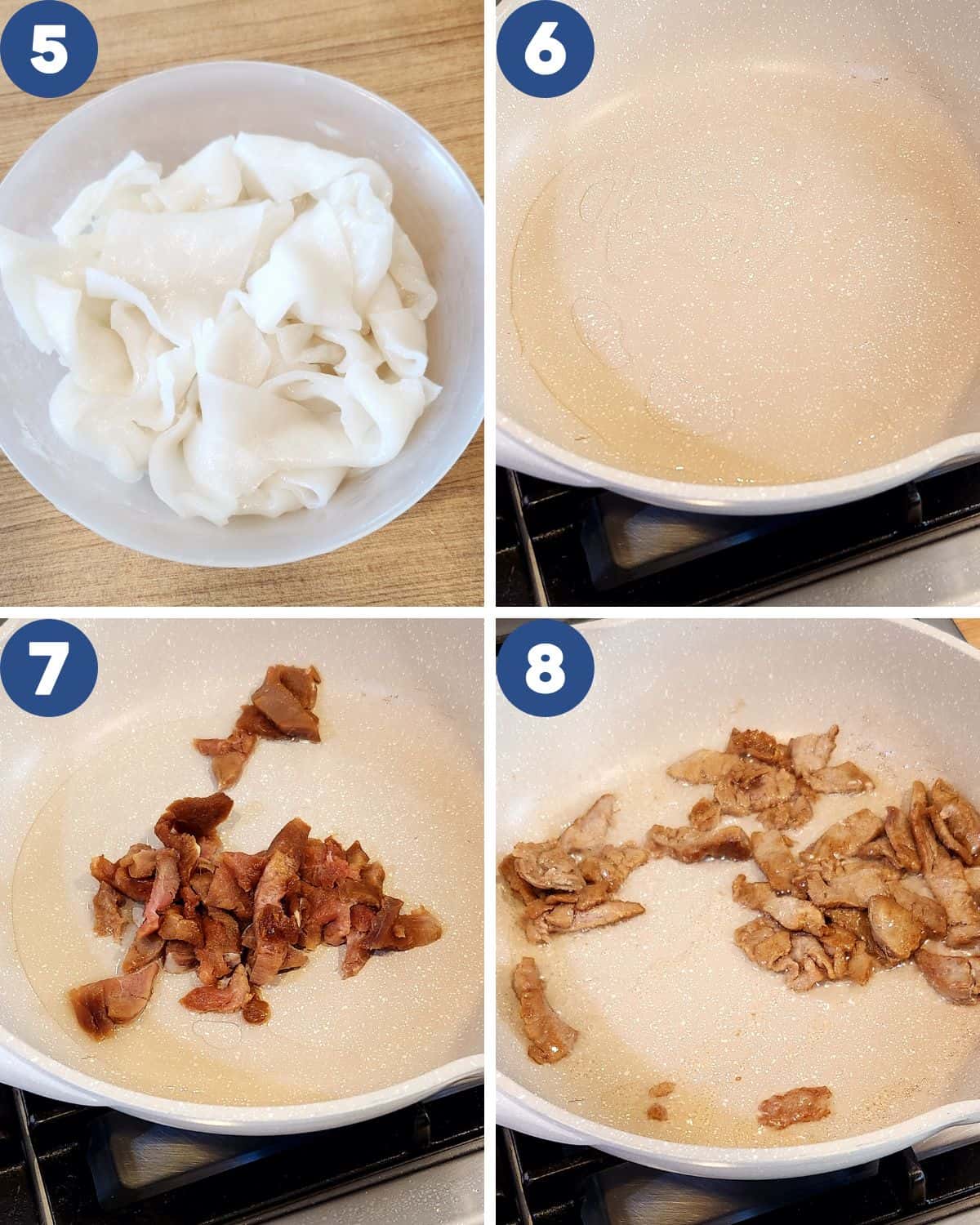 Step by step process of stir-frying the beef flank in a wok.