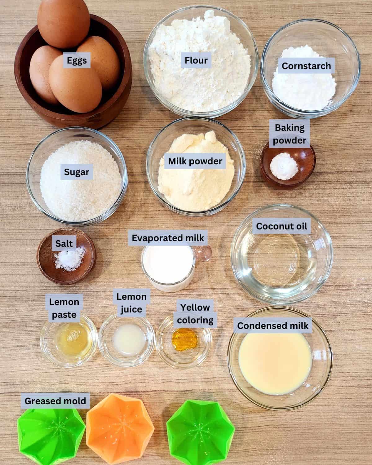 Lemon Steamed Cake ingredients with labels.