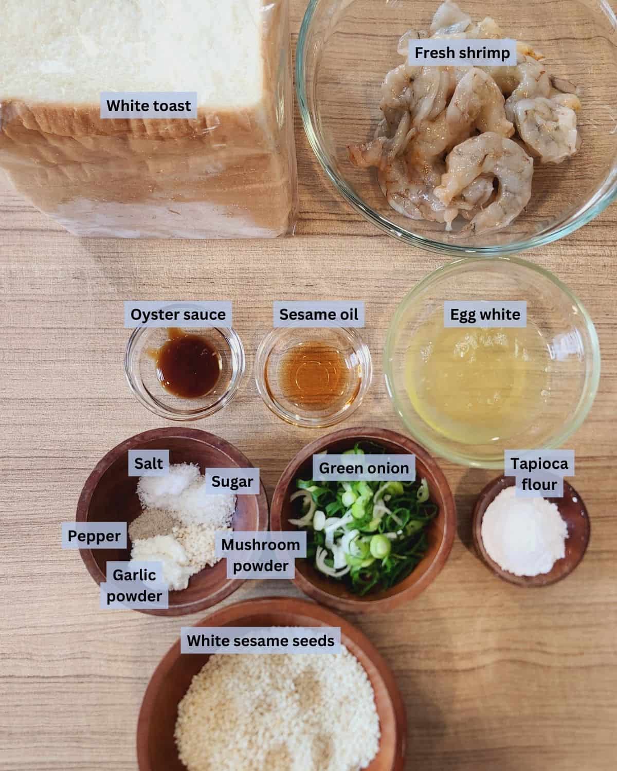 Menbosha (Korean fried shrimp toast) ingredients with labels.