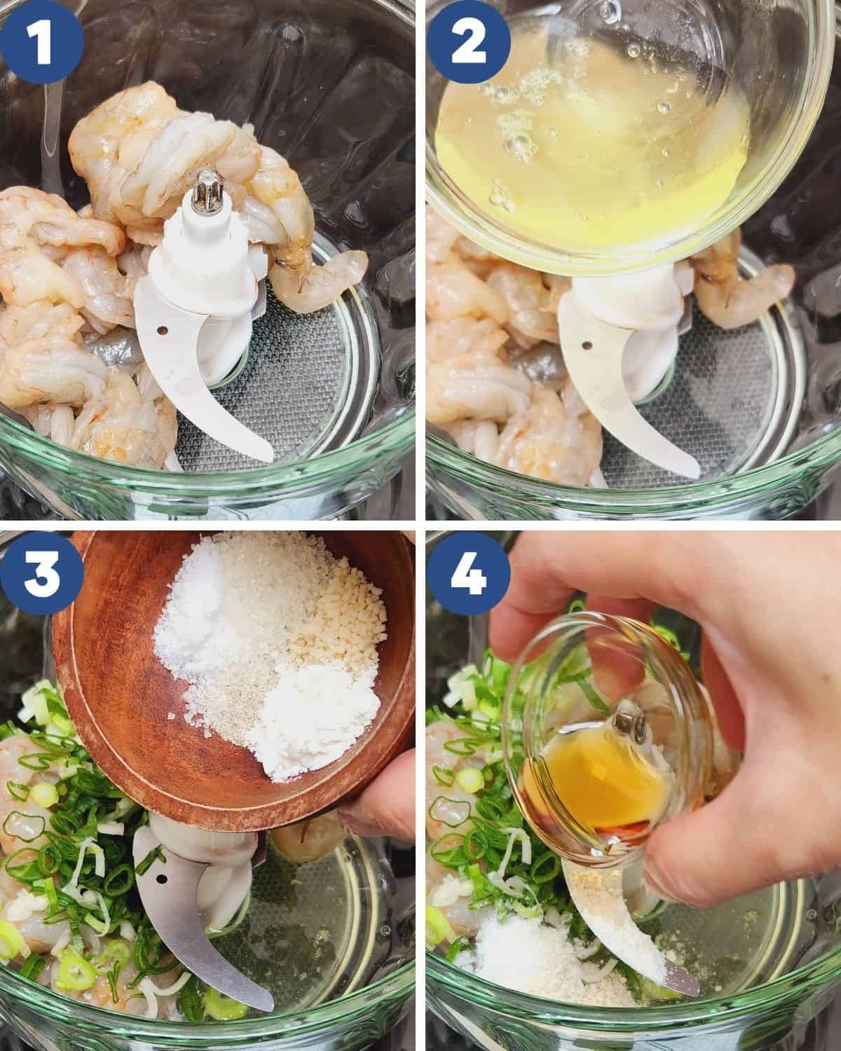 Step by step photos of mixing the shrimp fillings for menbosha.