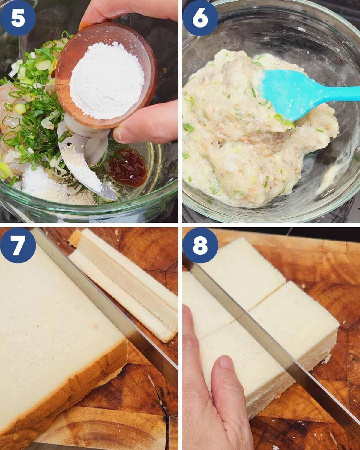 Step by step photos of the shrimp filling and cutting the toast.