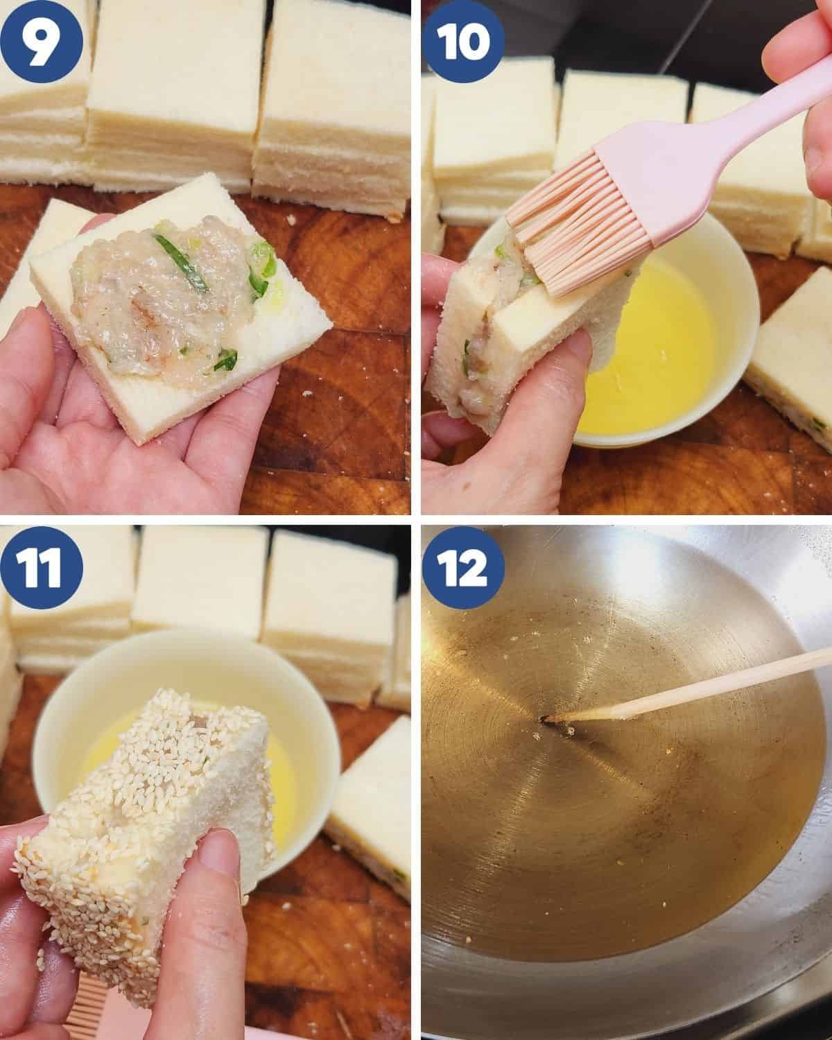 Step by step photos of filling the toast with the shrimp batter and sealing it with egg white and sesame seeds.