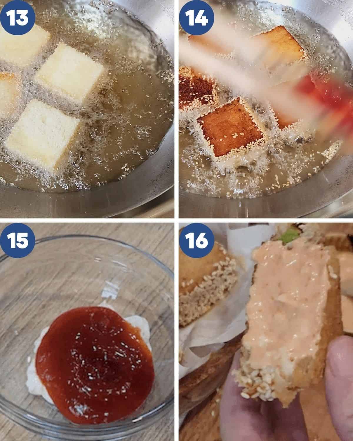Step by step photos of deep-frying the toasts and making the menbosha sauce.