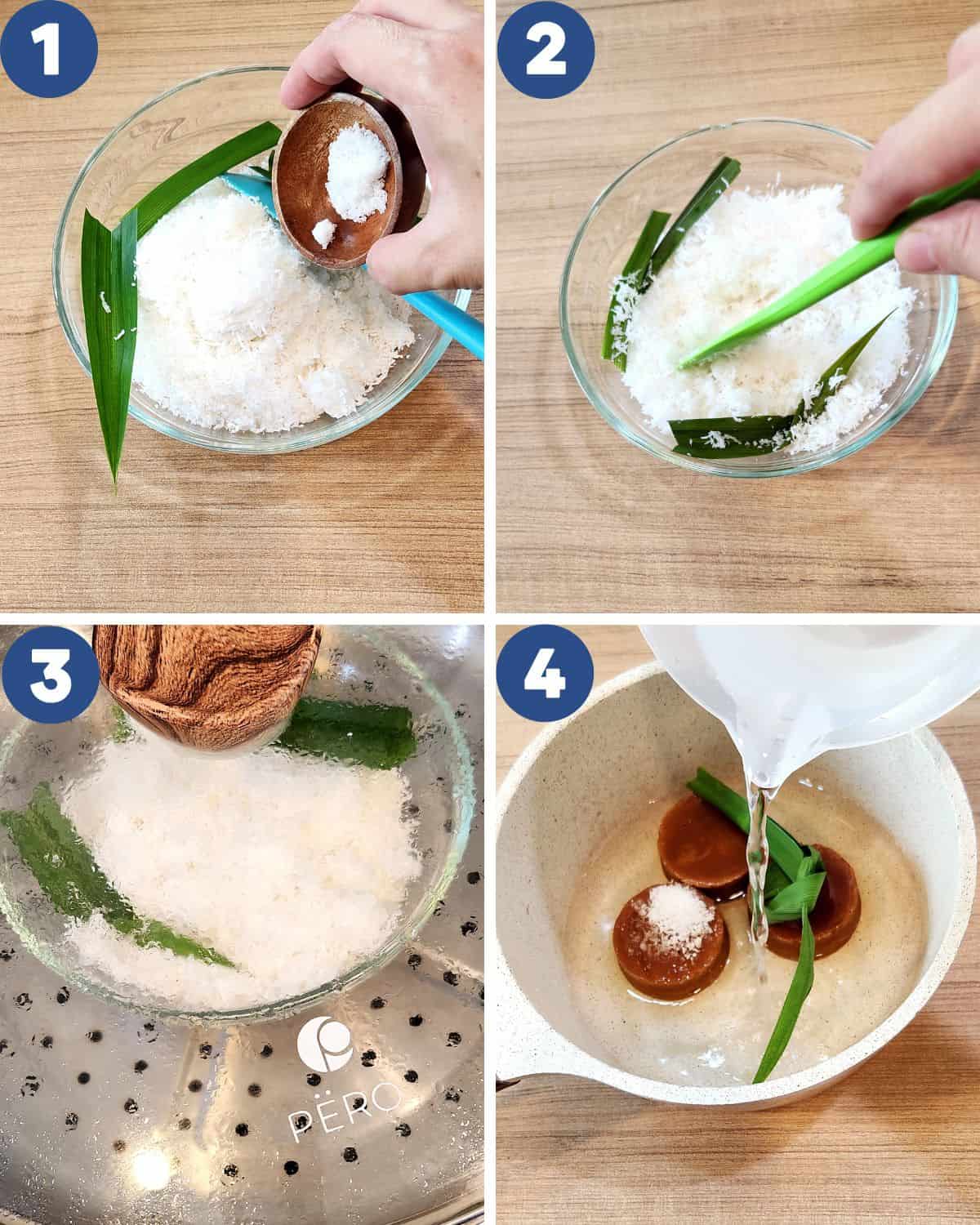 Step by step process photos of preparing the coconut and the sugar for ongol ongol.