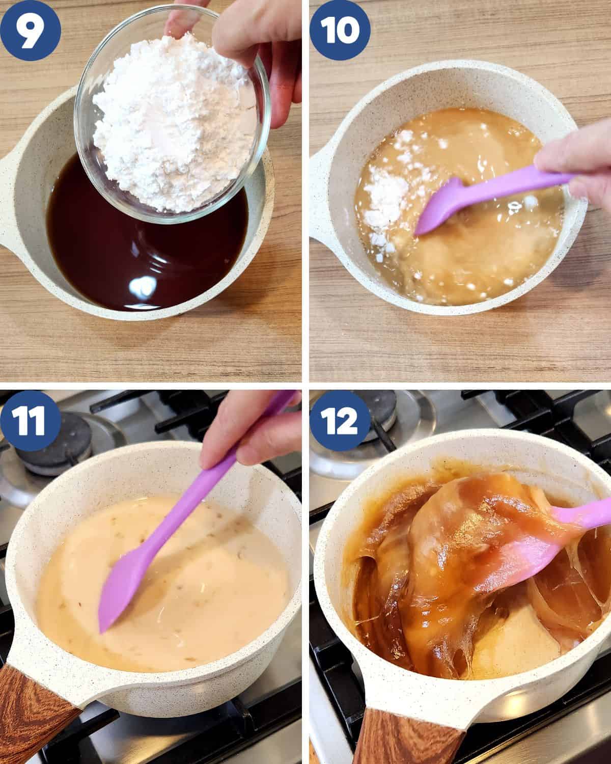 Step by step process photos of mixing the tapioca flour into the sugar water.