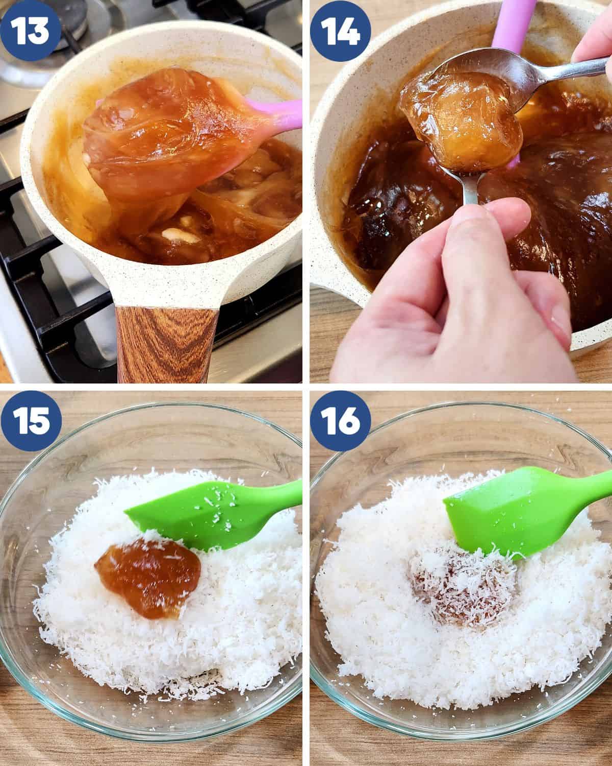 Step by step photos of shaping the ongol ongol batter and coating it with coconut.