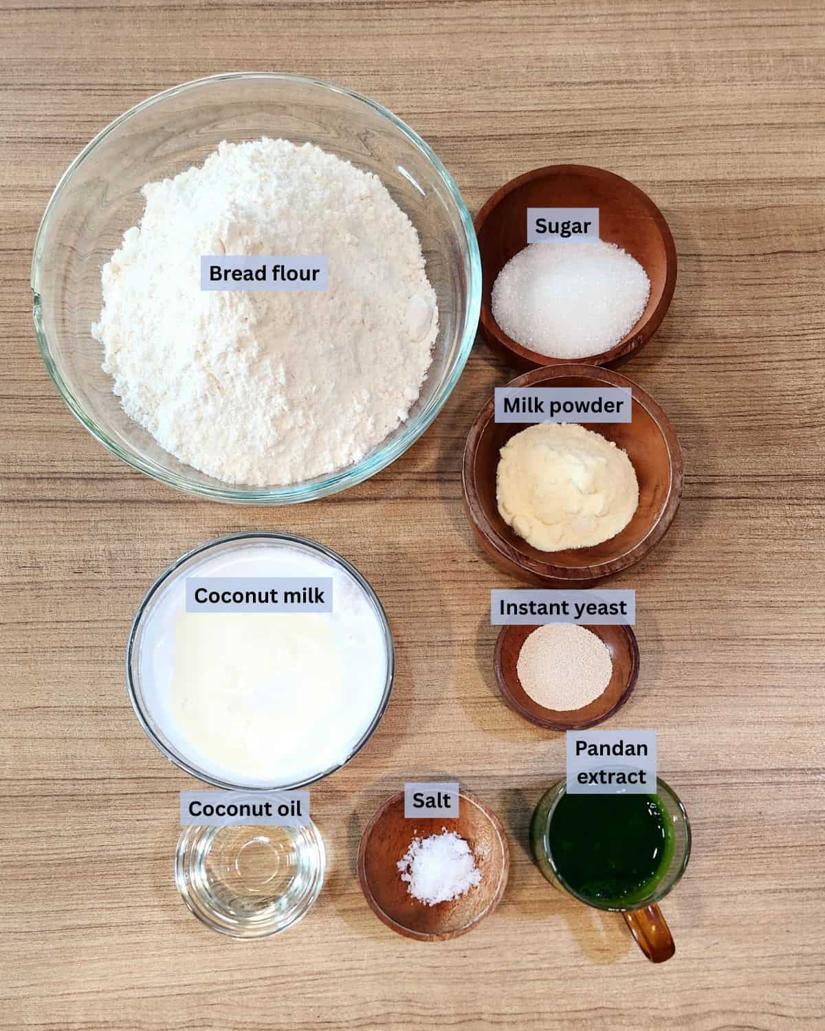 Pandan milk bread ingredients with labels.