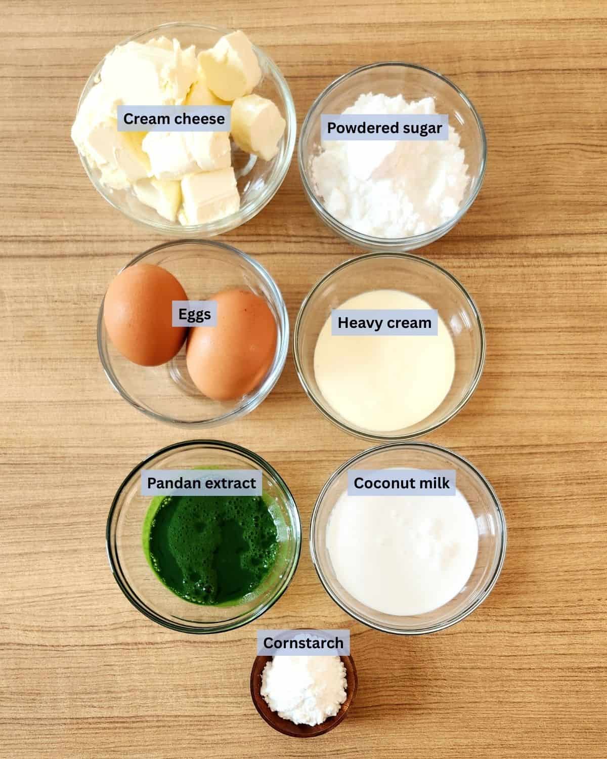 Pandan Cheesecake ingredients with labels.