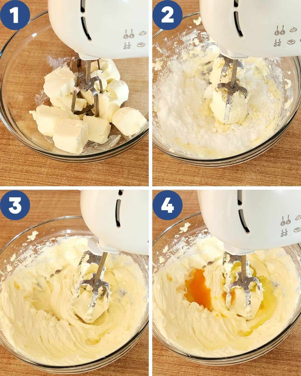 Process photos of softening the cream cheese with a hand mixer.