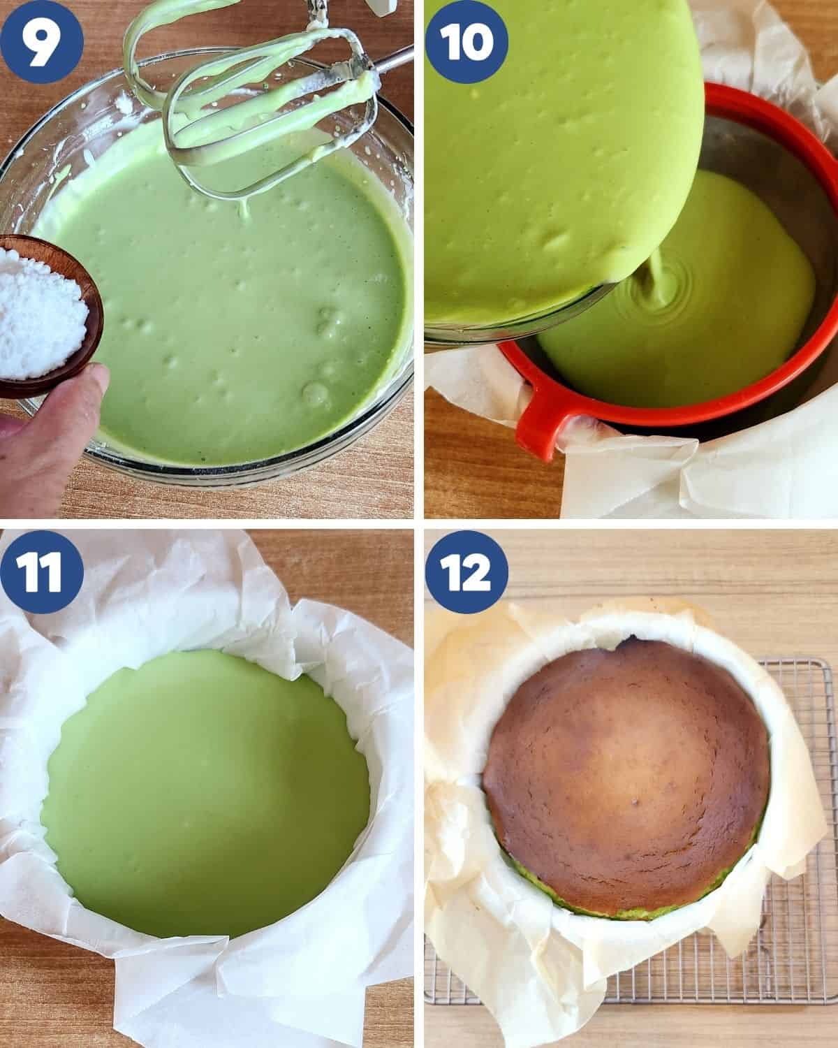 Photos of sifting the batter, pouring it and baking it.