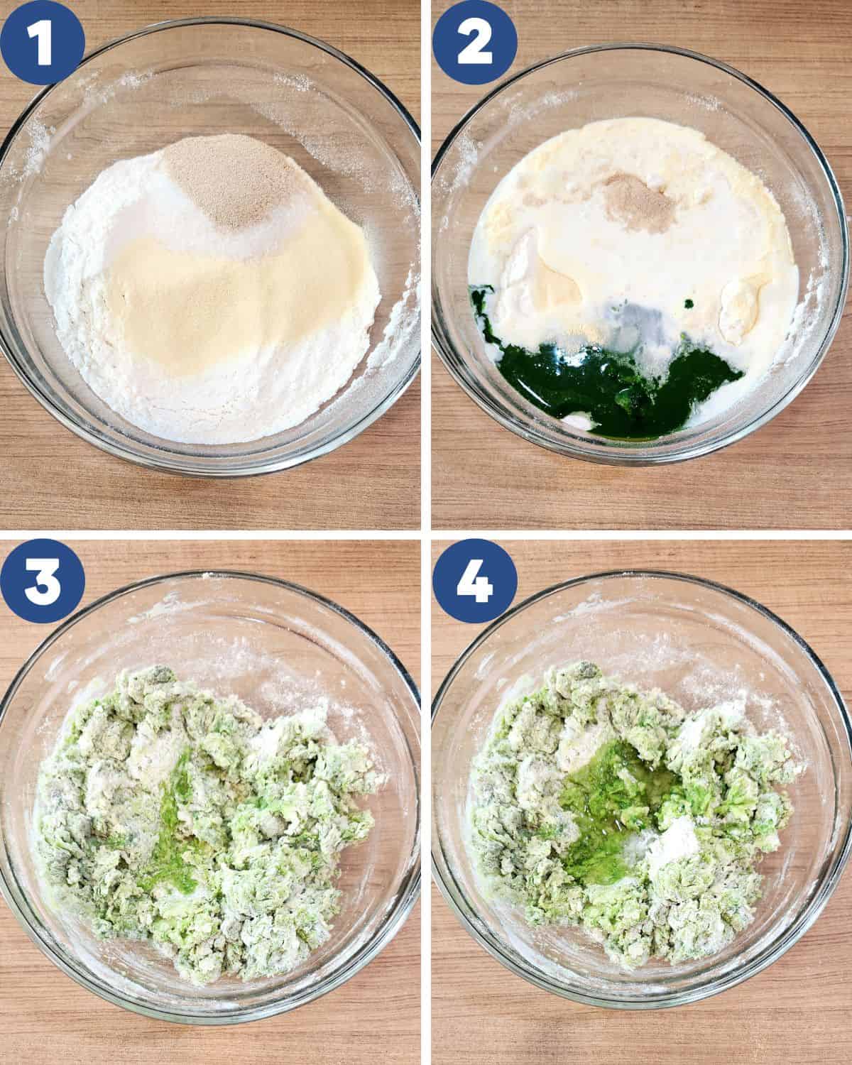 Step by step process of mixing the ingredients in a mixing bowl for pandan bread.