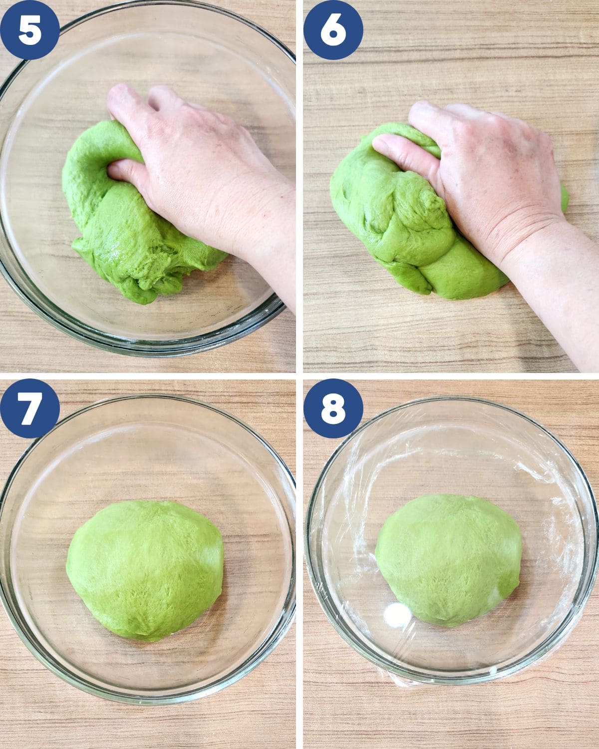 Step by step process photos of kneading the dough. 