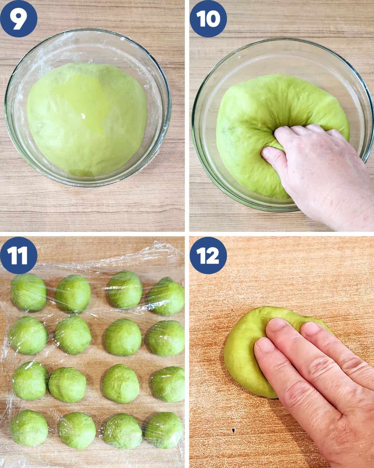 Step by step process photos of punching the air out and dividing the dough.