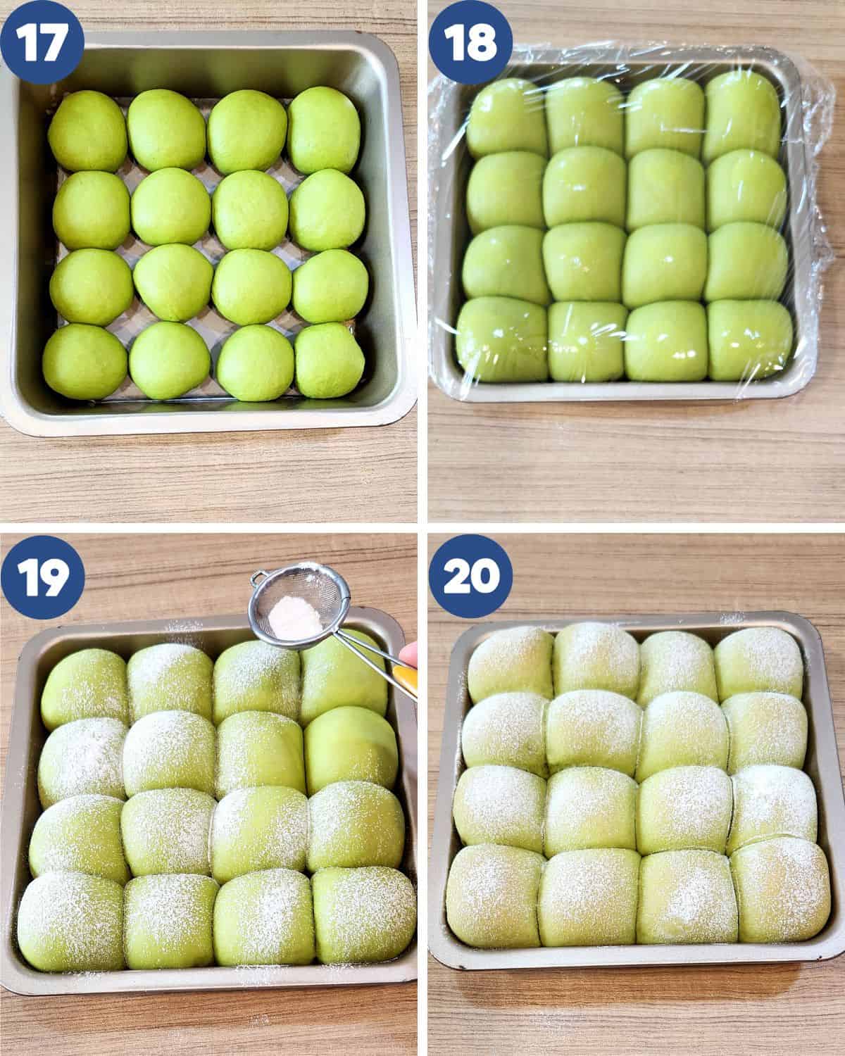 Step by step process photos of lining the shaped dough, dusting with flour, and baking them.
