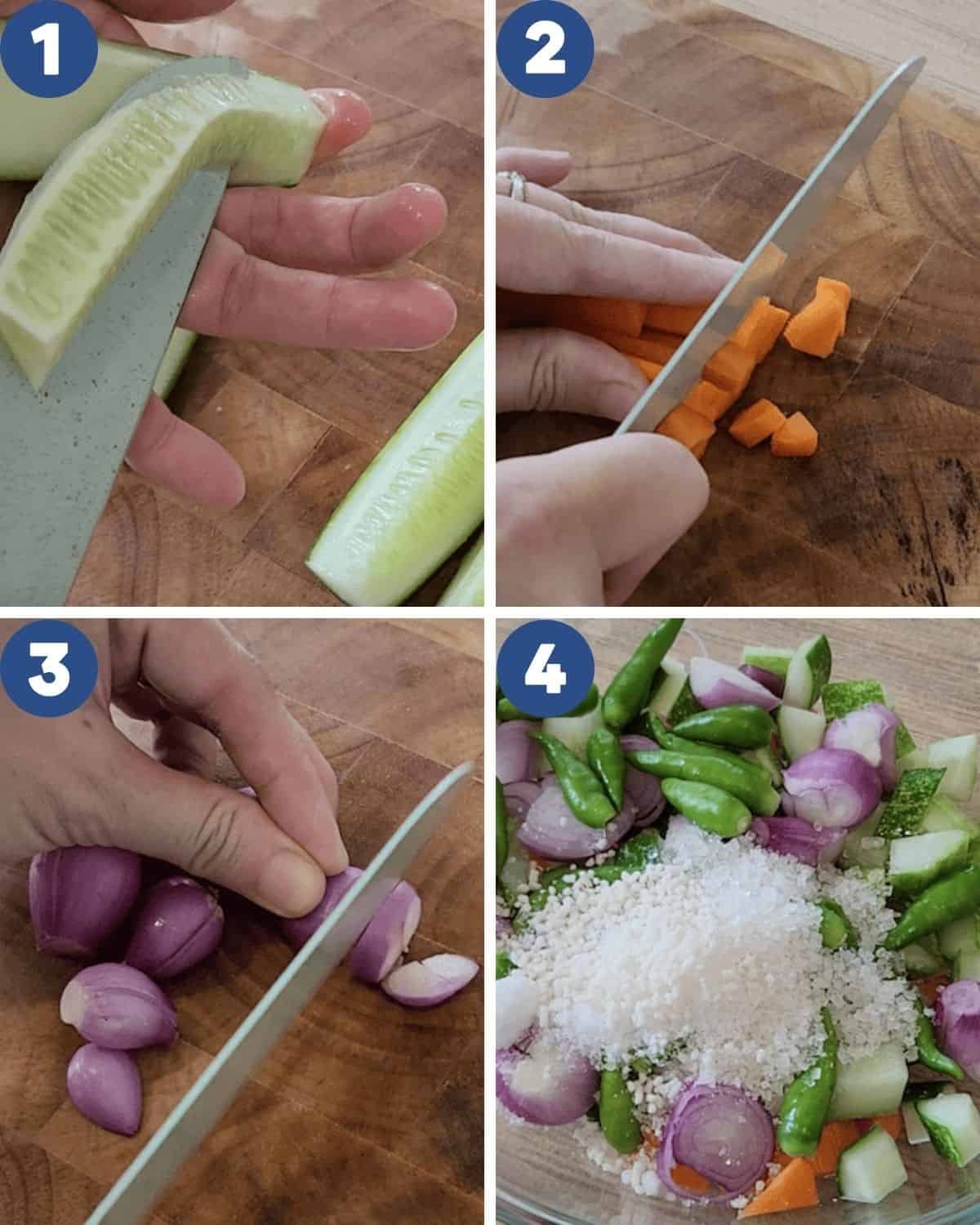 Step by step process of preparing the cucumber, carrot, shallots for acar timun.