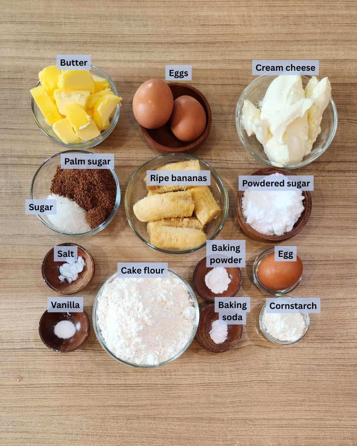 Banana pound cake with cream cheese ingredients with labels.