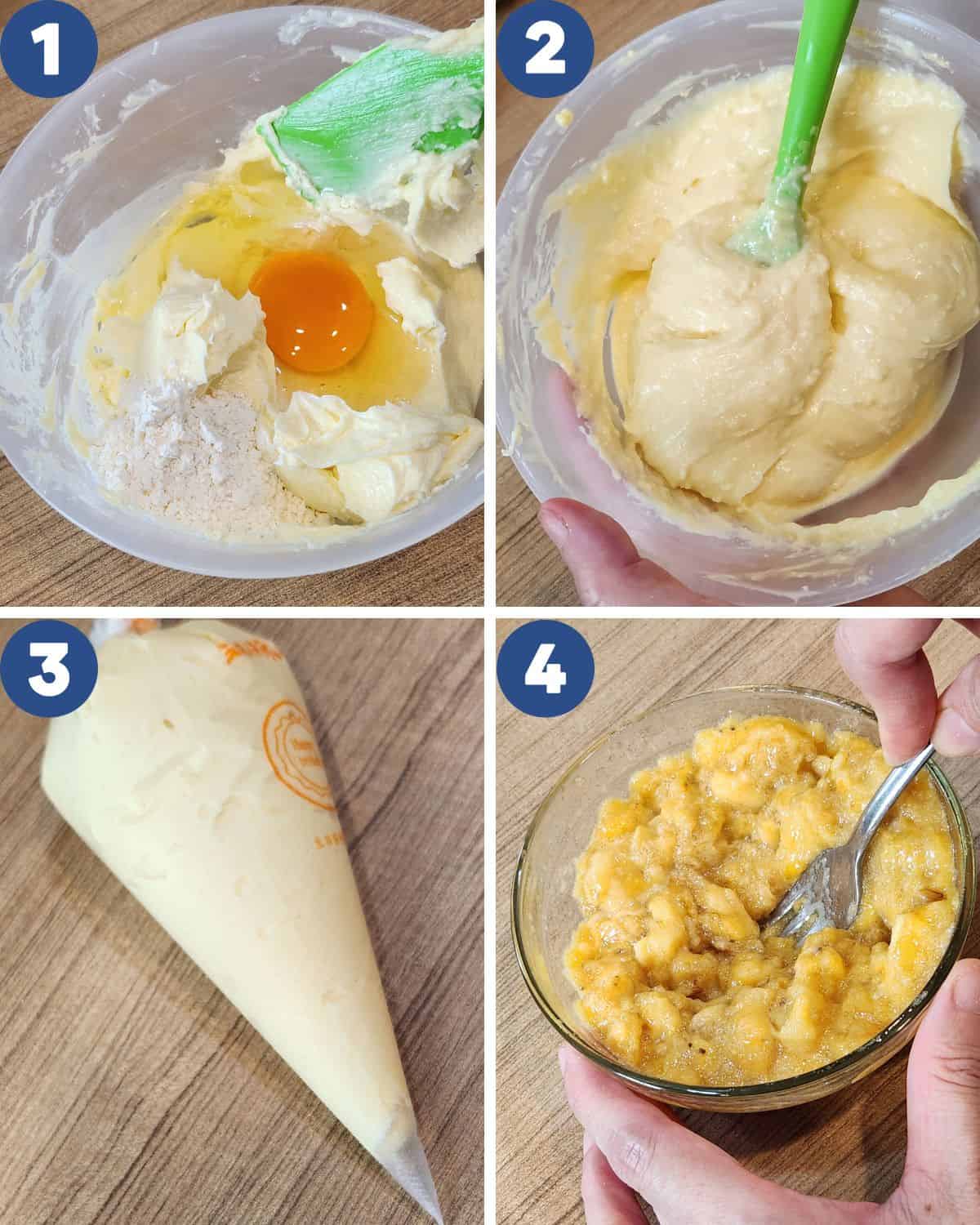 Step by step process photos of preparing cream cheese filling and ripe bananas.