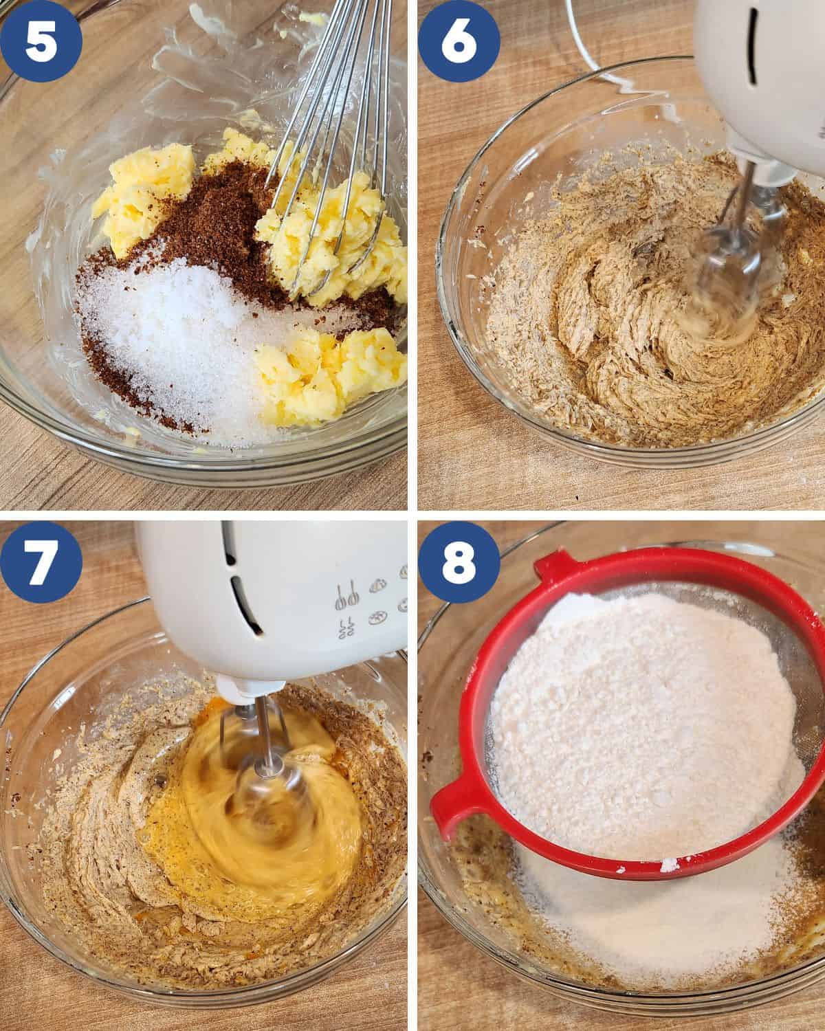 Step by step process photos of mixing the ingredients for banana pound cake.