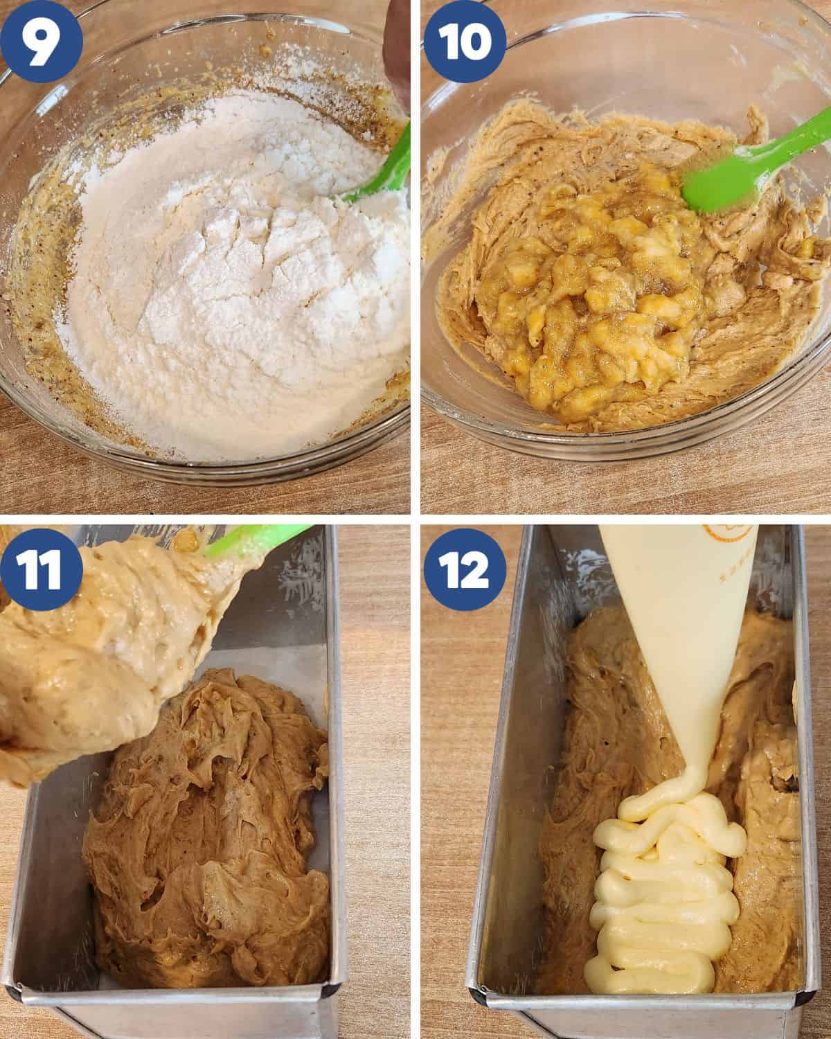 Step by step process photos of mixing the flour and pouring into the pan.