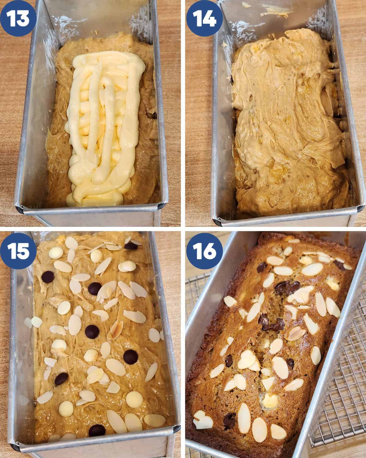 Step by step process photos of filling the pan with cream cheese and baking the cake.
