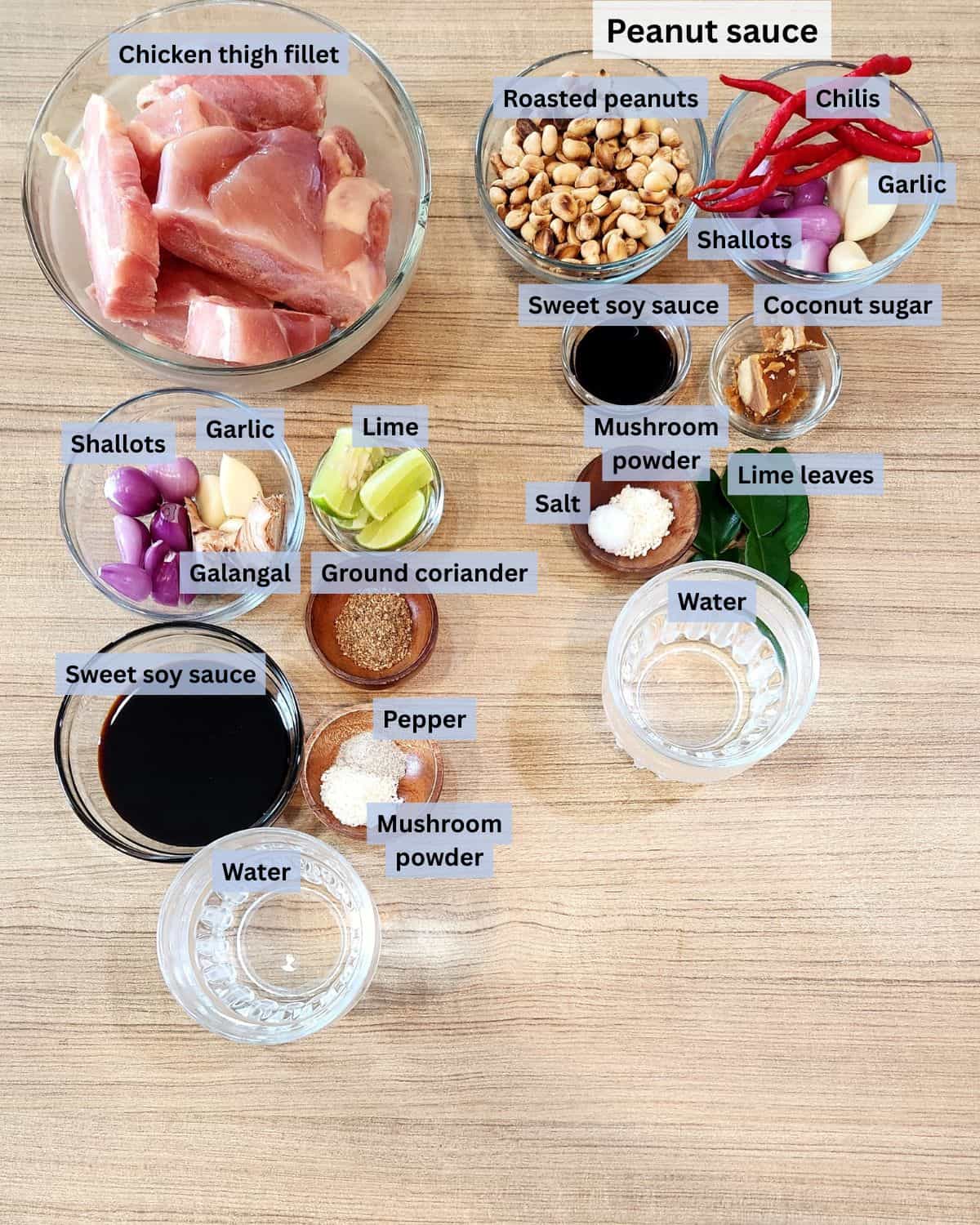 Chicken satay with peanut sauce ingredients with labels.