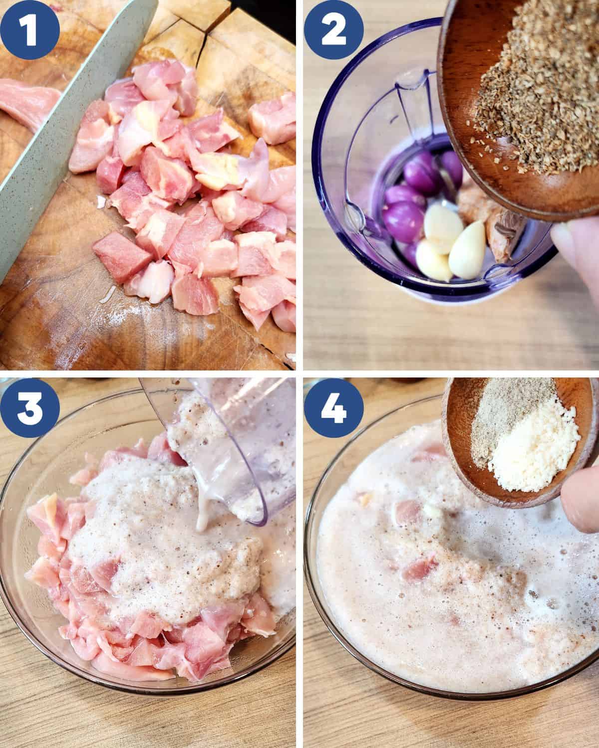 Step by step process photos of preparing the chicken and the marinade sauce.