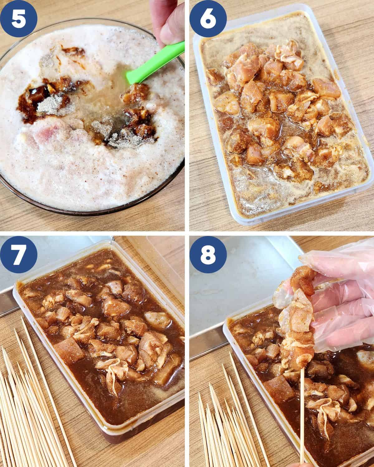 Step by step process photos of preparing the chicken satay before roasting.