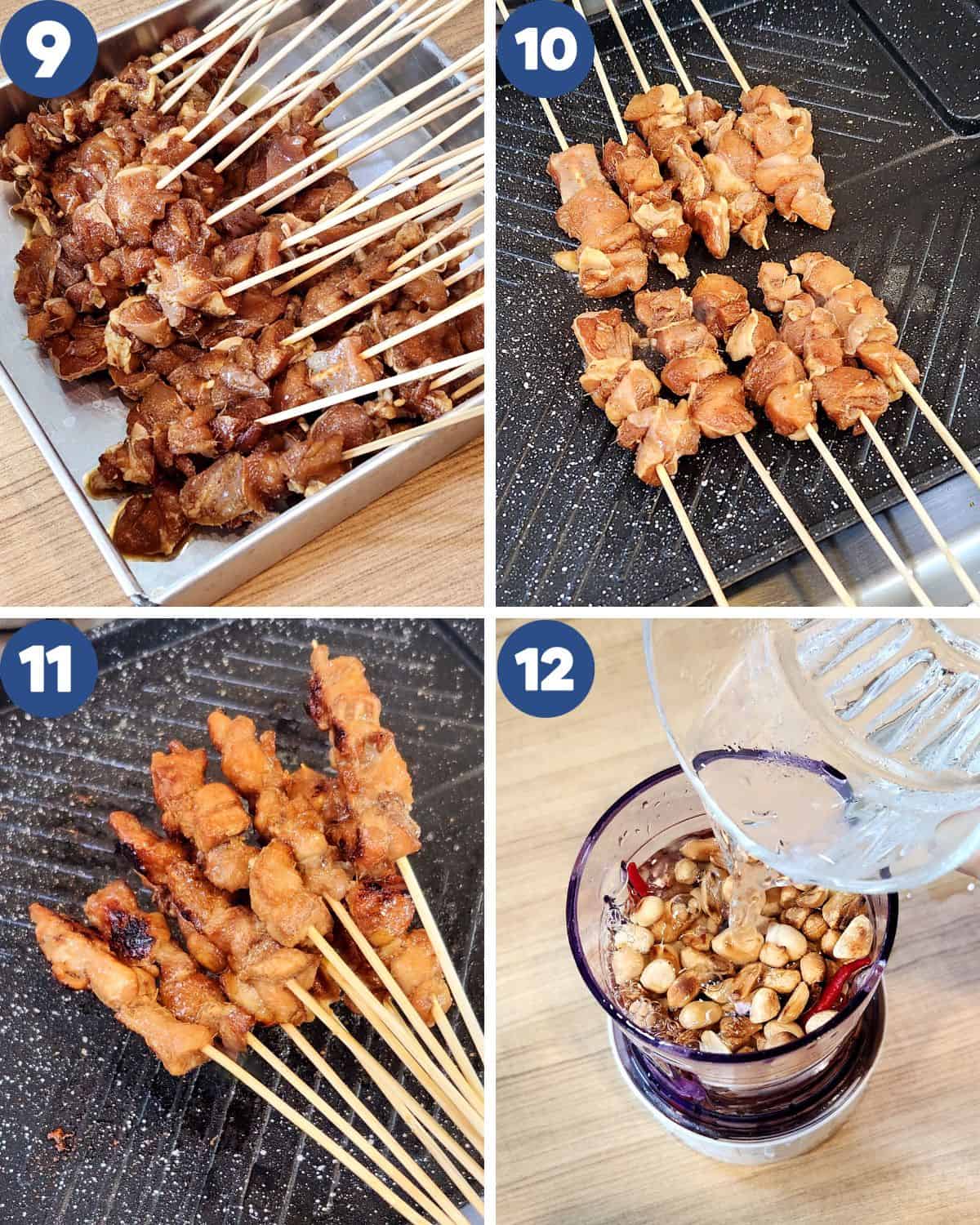 Step by step process photos of roasting the chicken satay.