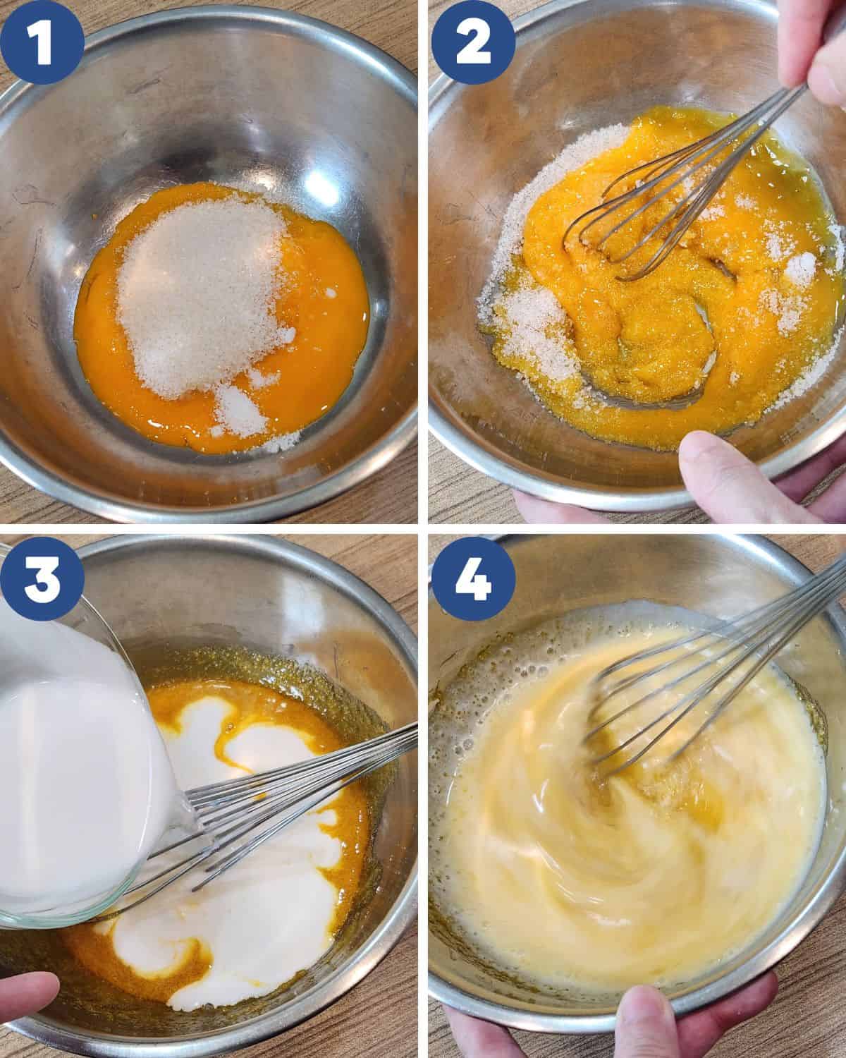 Step by step process photos of mixing the ingredients for coconut jam in a bowl.