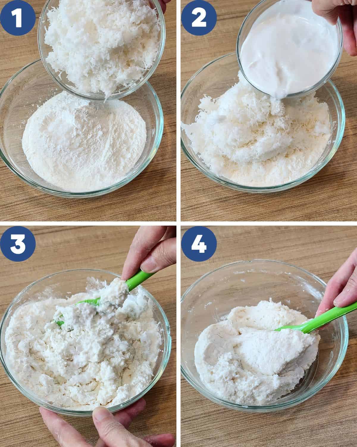 Step by step process photos of making the gemblong dough.