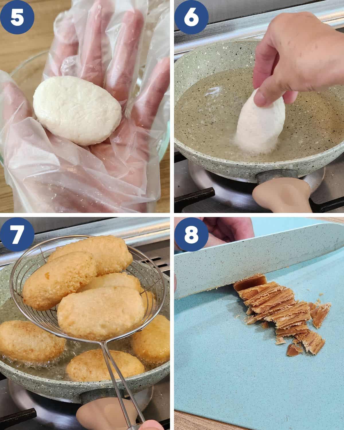 Step by step process photos of shaping and frying the dough.