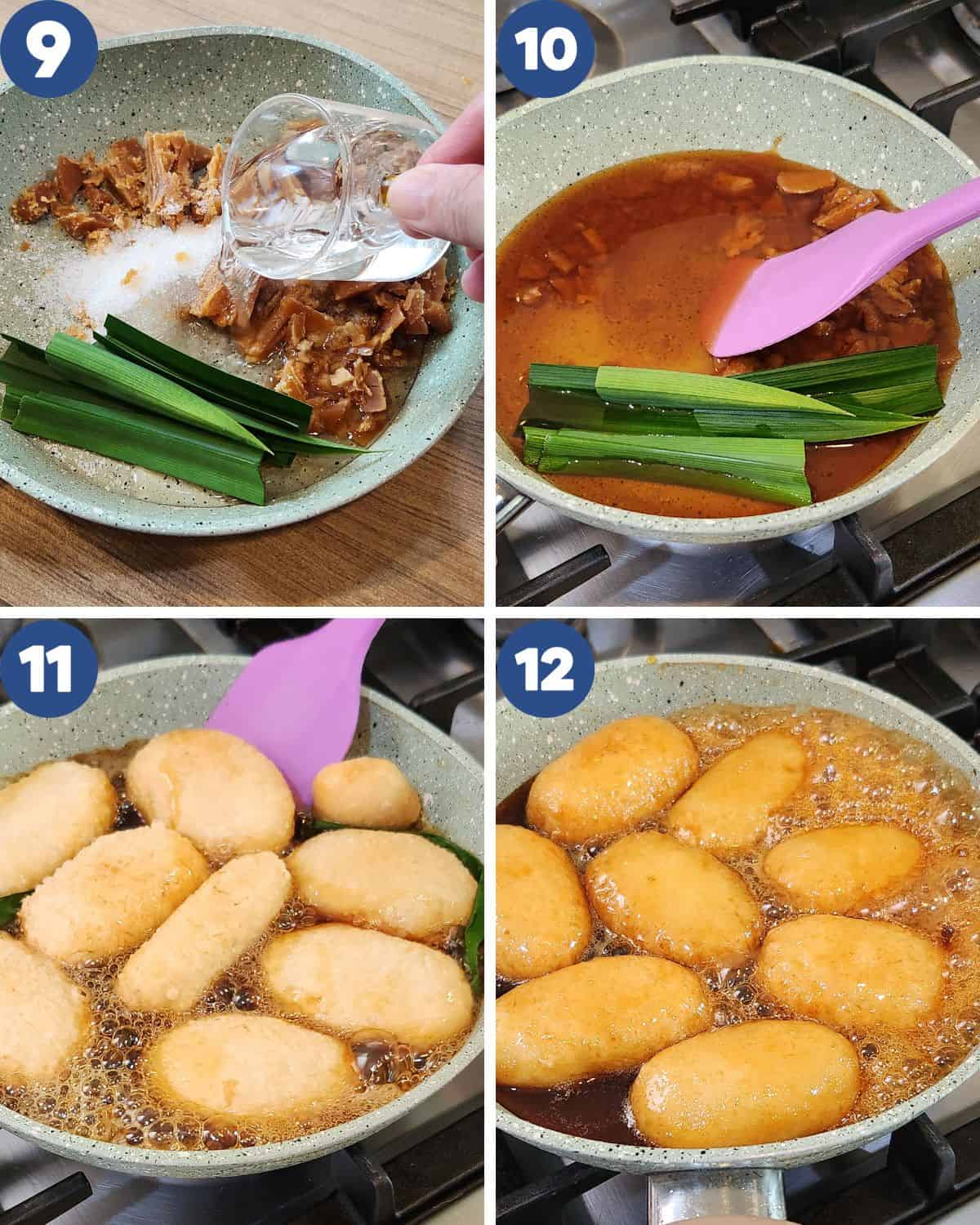 Step by step process photos of making the caramel sugar and coating the fried dough.