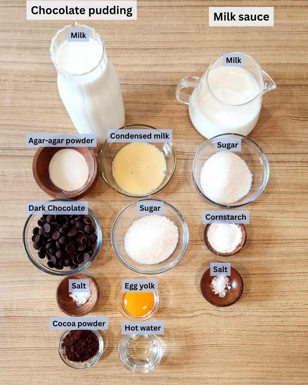 Gluten free chocolate pudding ingredients with labels.