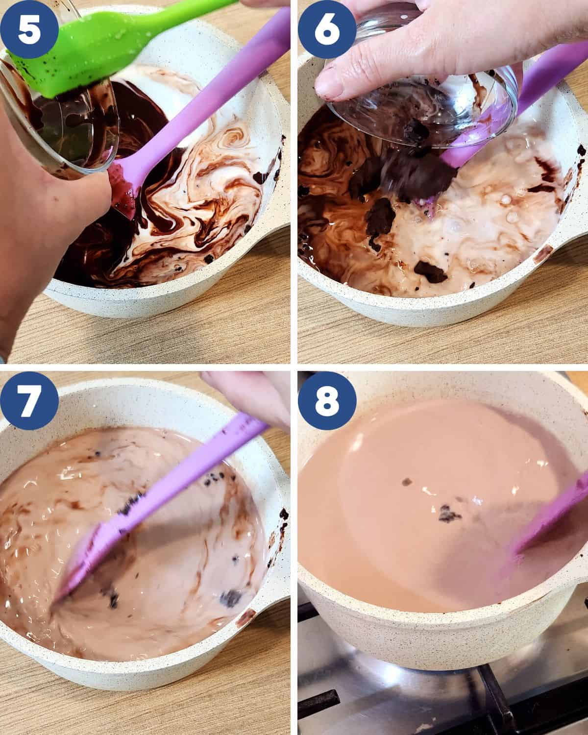 Step by step process photos of mixing the cocoa mixture and dark chocolate into the pot.