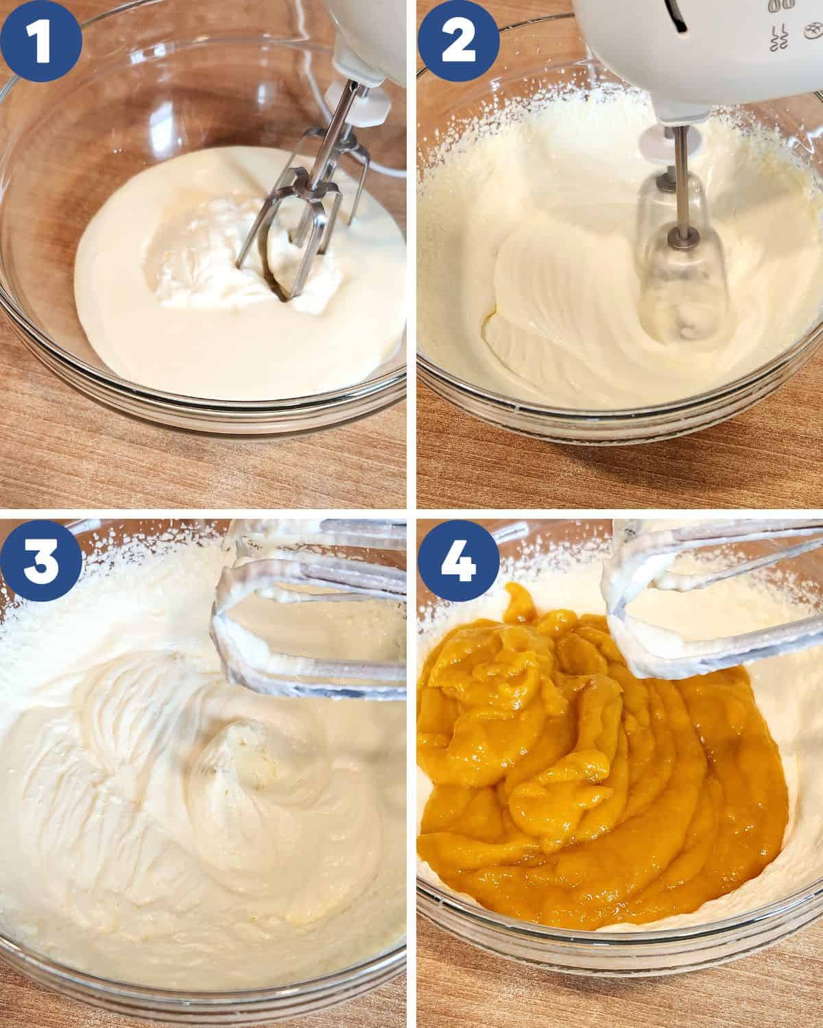 Four images showing how to make homemade mango ice cream.