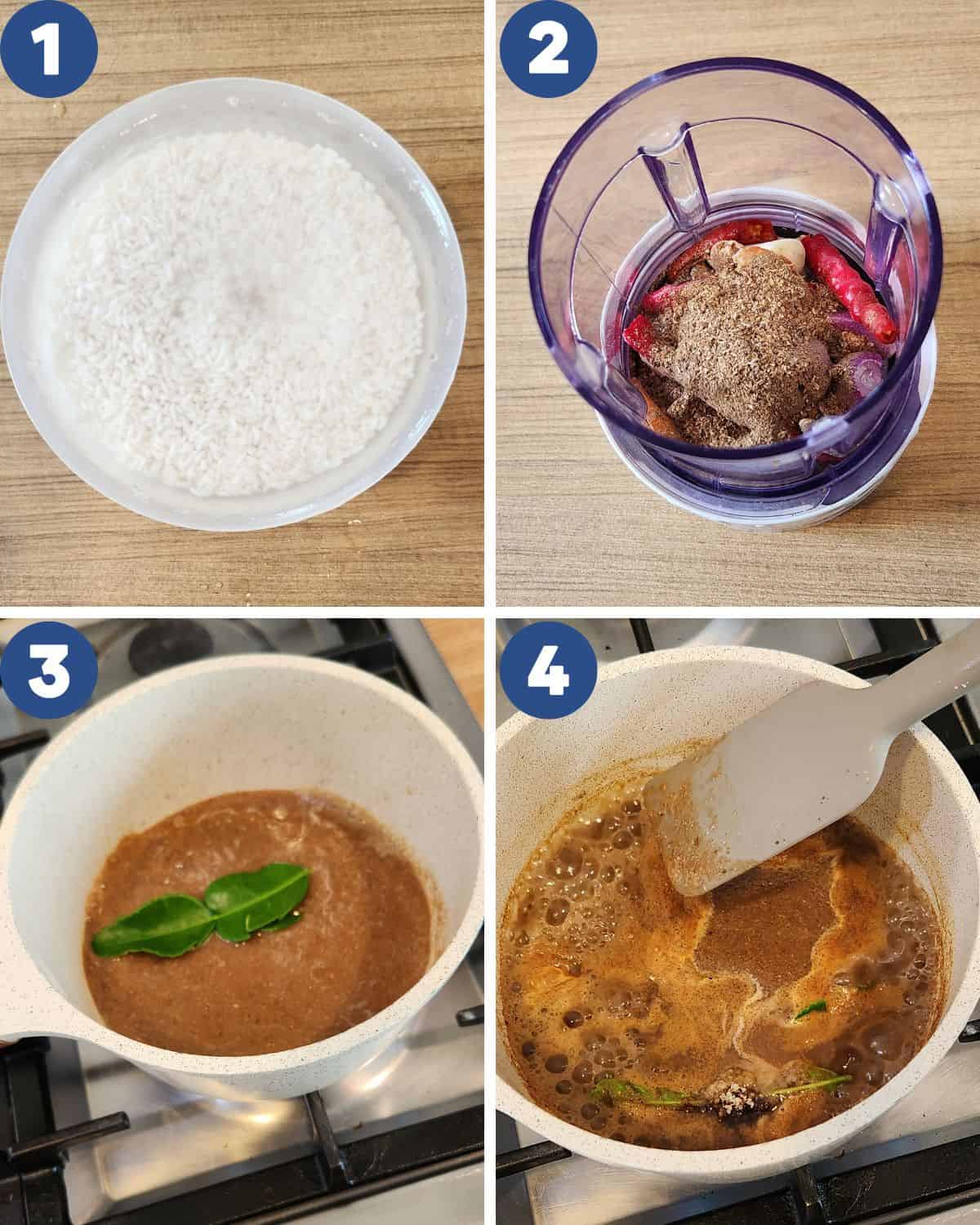 Step by step process photos of preparing the sticky rice and the spices.