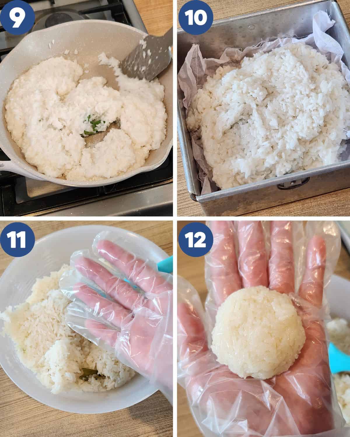 Step by step process photos of cooking the sticky rice for ketan serundeng.