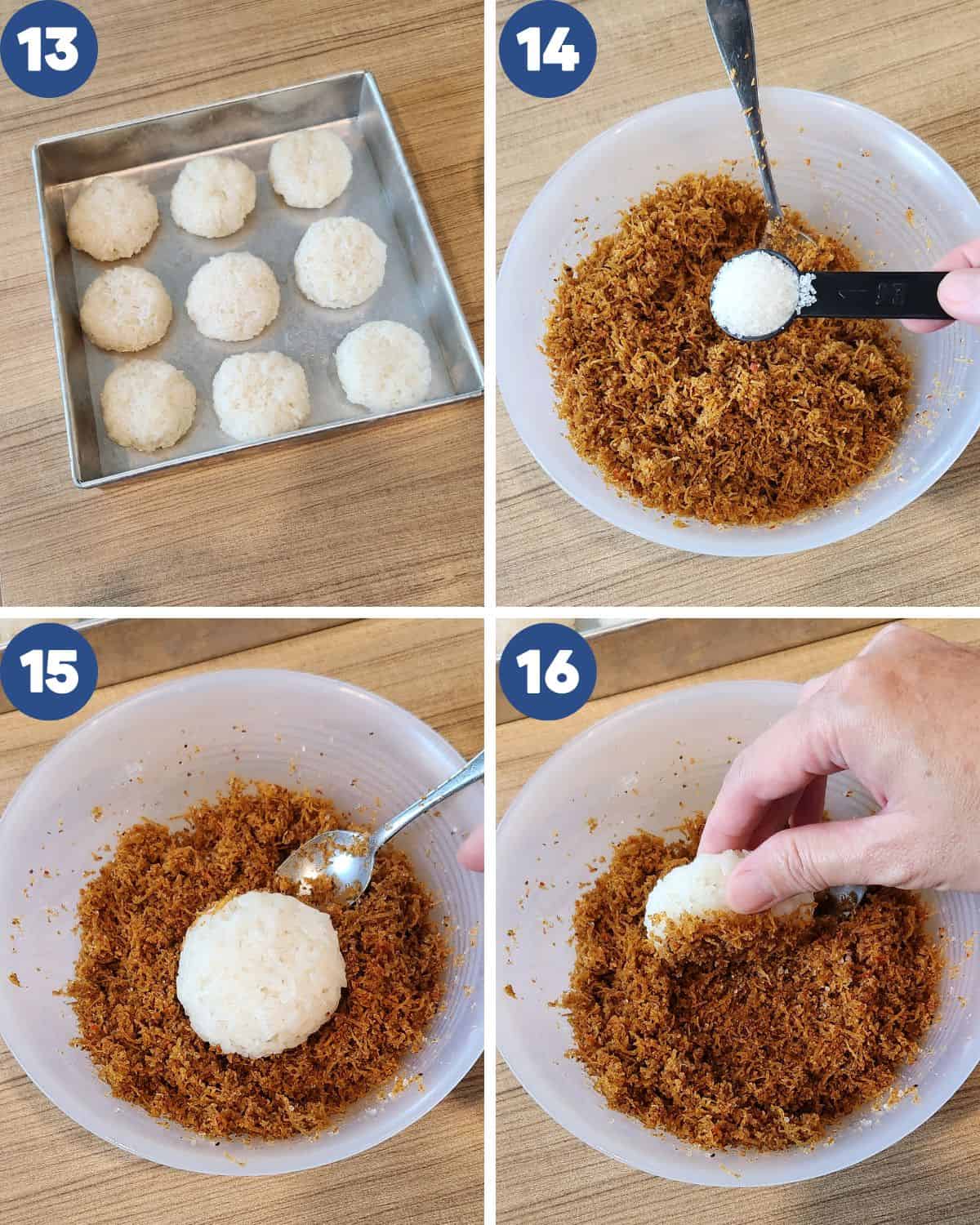 Step by step process photos dipping the ketan into the spiced grated coconut.