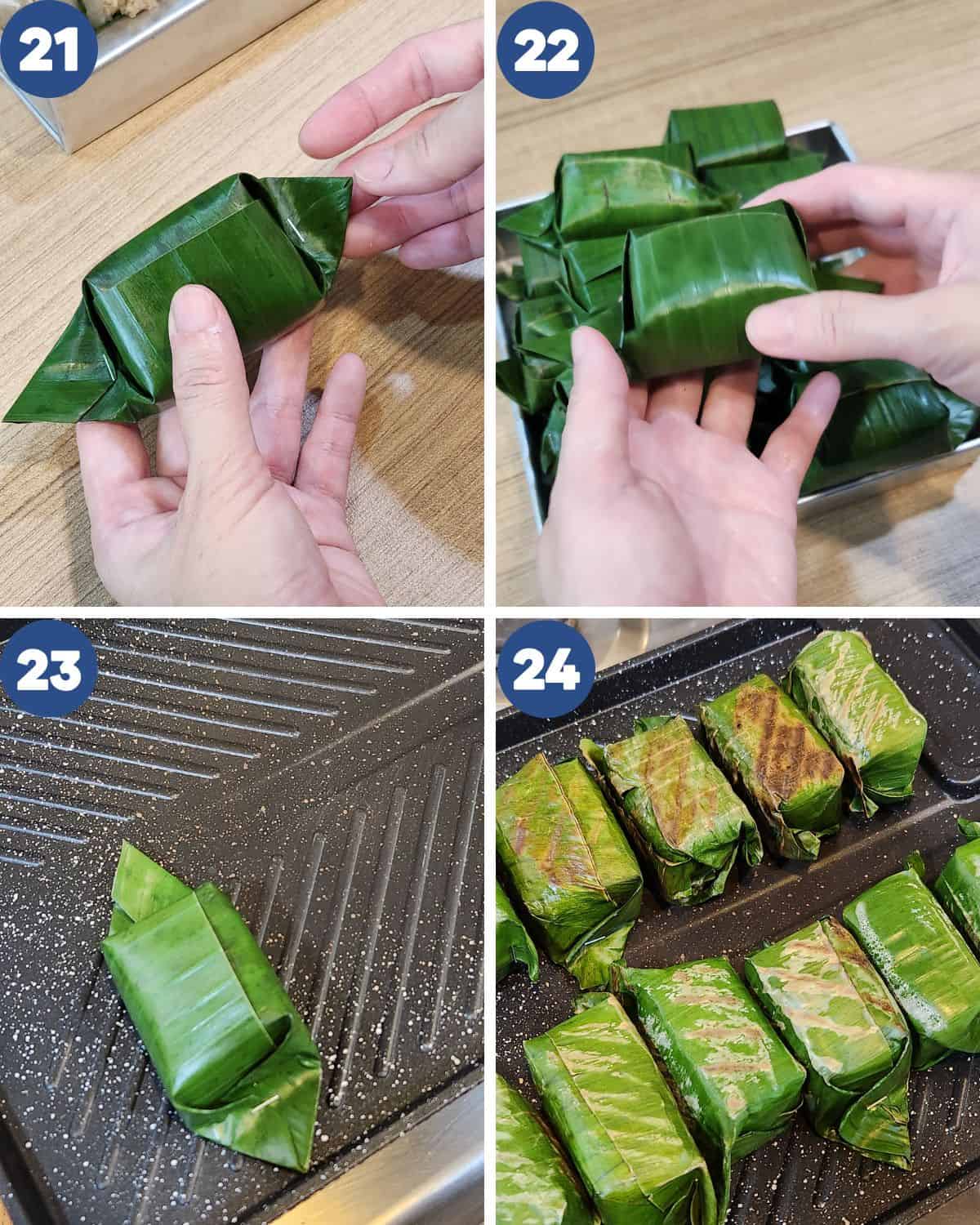 Step by step proces photos of wrapping the lemper. 