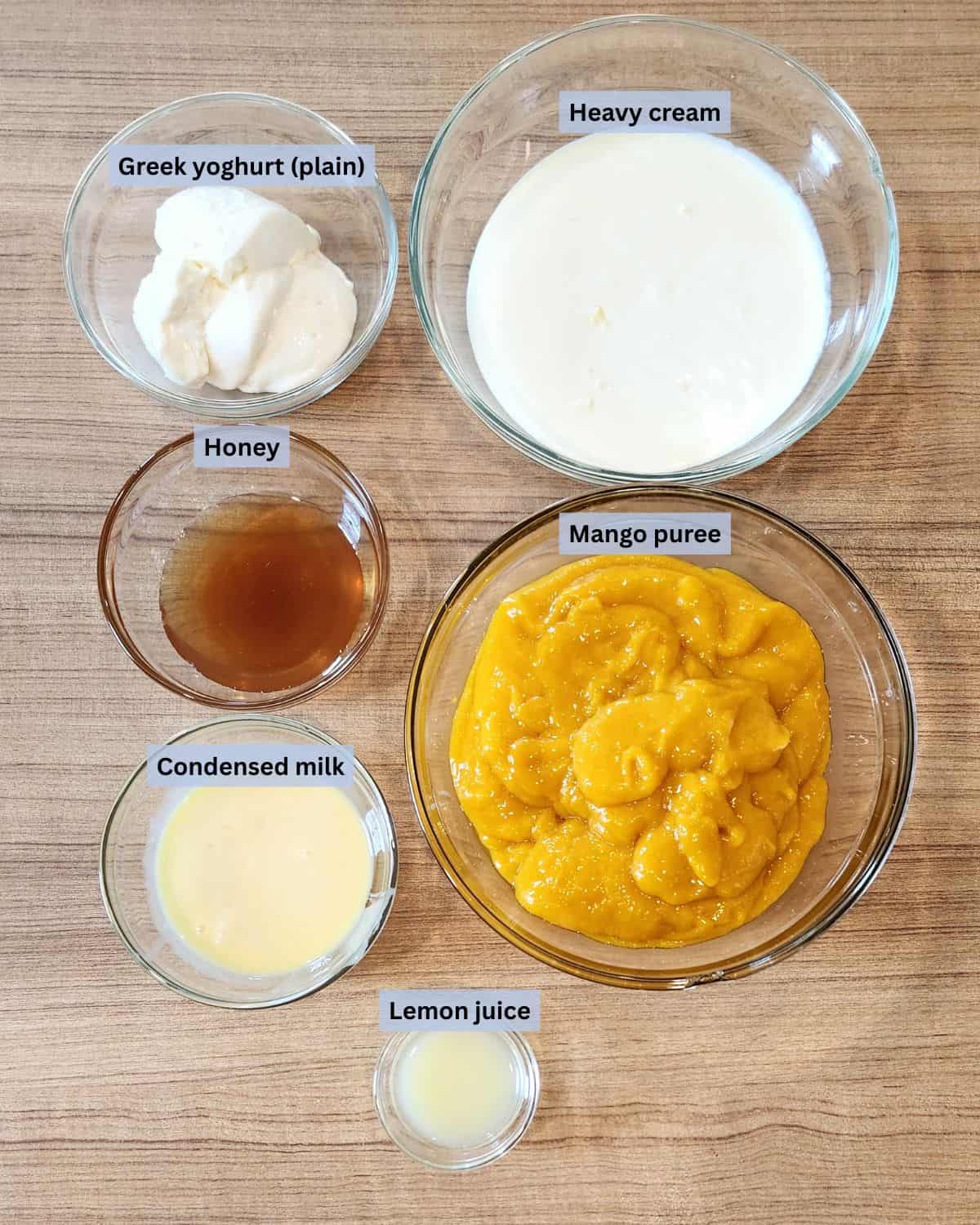 Ingredients for the homemade mango ice cream with labels.