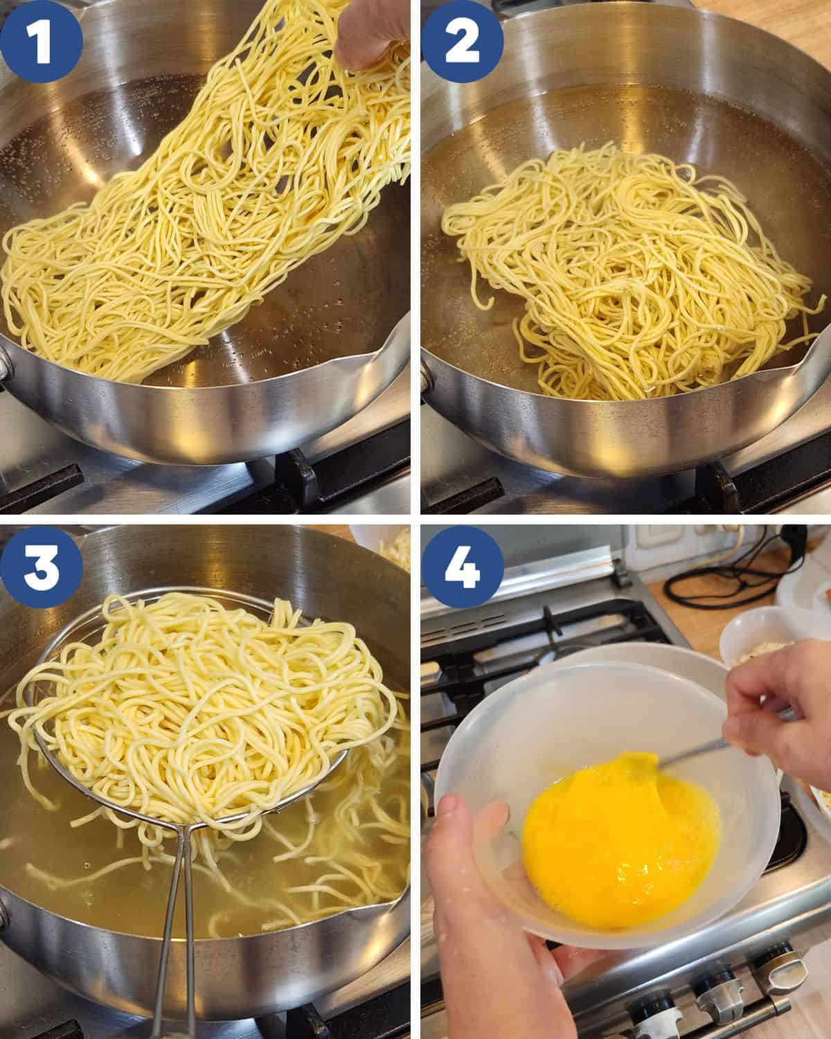 Step by step process photos of boiling the dried noodles and preparing the scrambled eggs.
