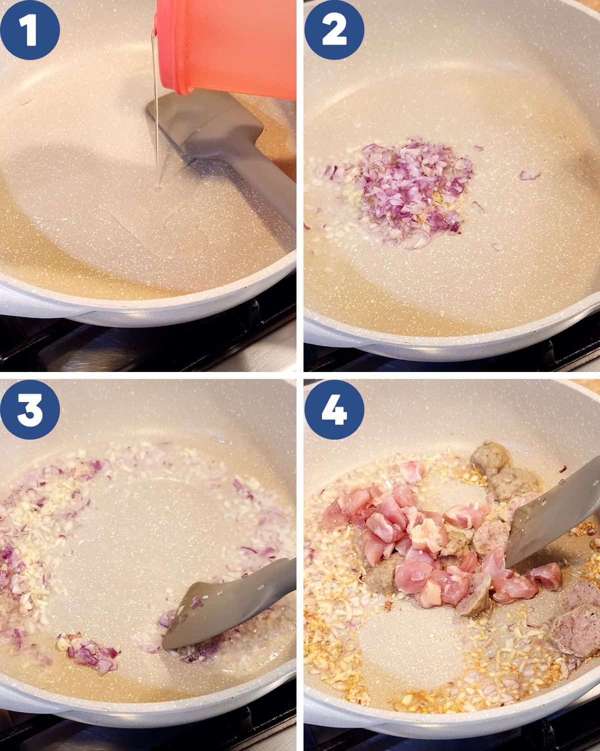 Step by step process photos of stir-frying the shallots, garlic, and meatballs in a wok.