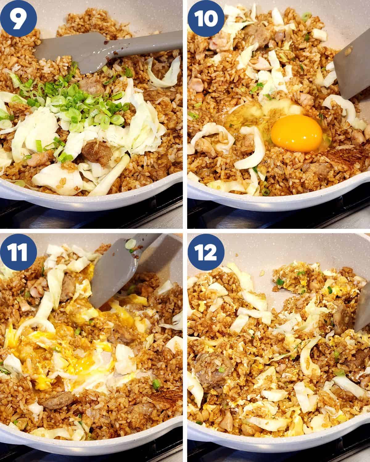 Step by step process photos of stir-frying the vegetables and egg into the fried rice. 