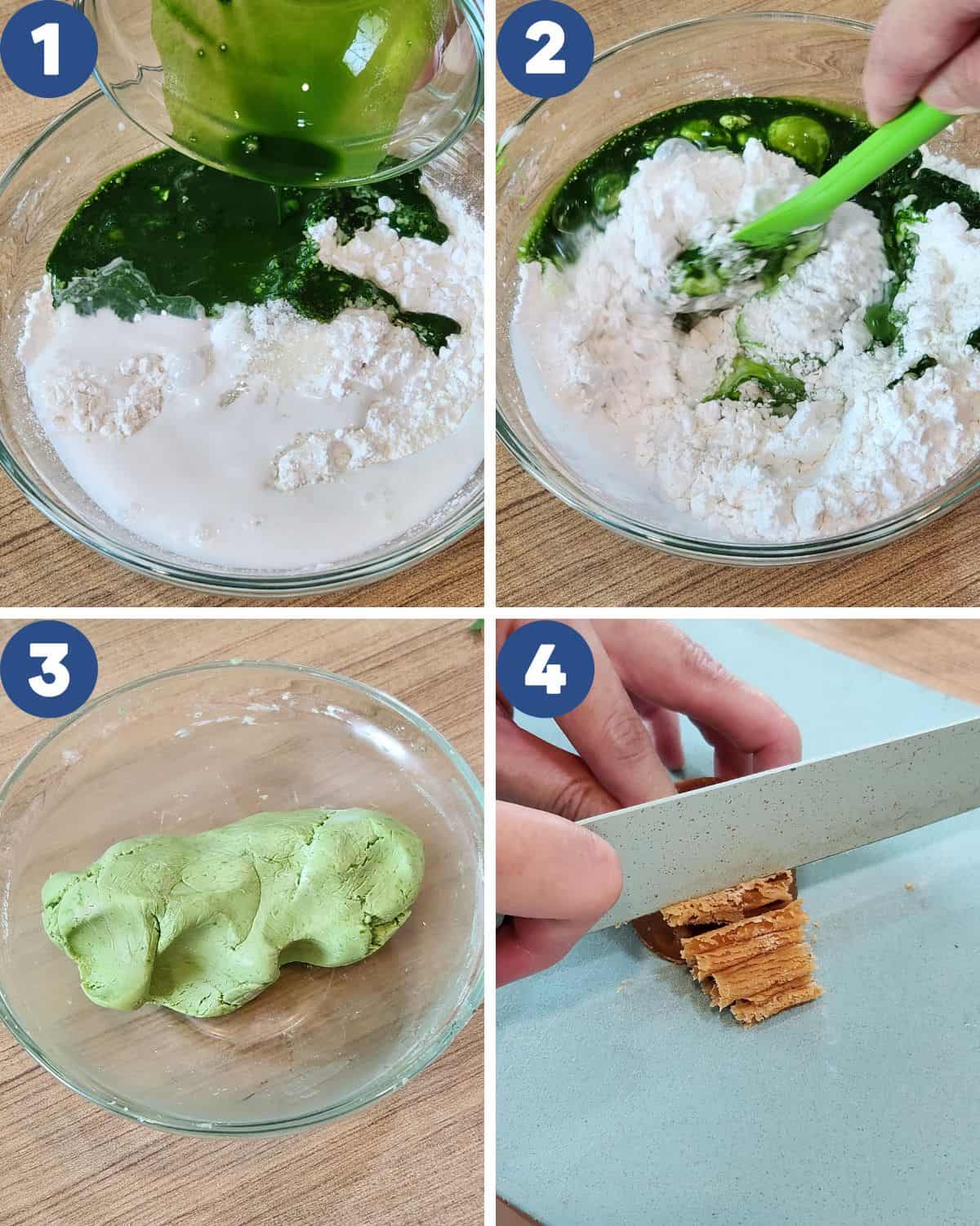 Step by step process photos of mixing the ingredients for klepon dough and slicing the coconut sugar.