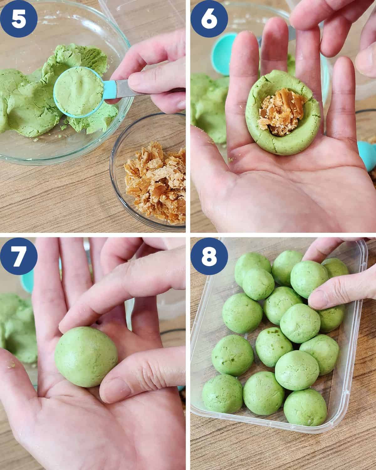 Step by step process photos of shaping the klepon and filling it with coconut sugar.