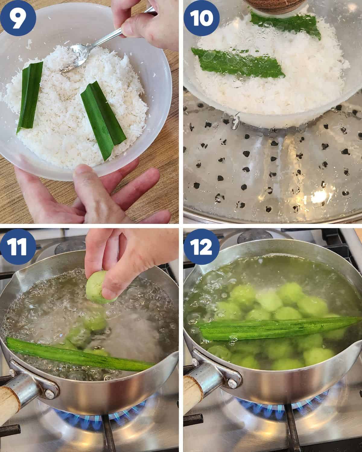 Step by step process photos of steaming the coconut and boiling the dough.
