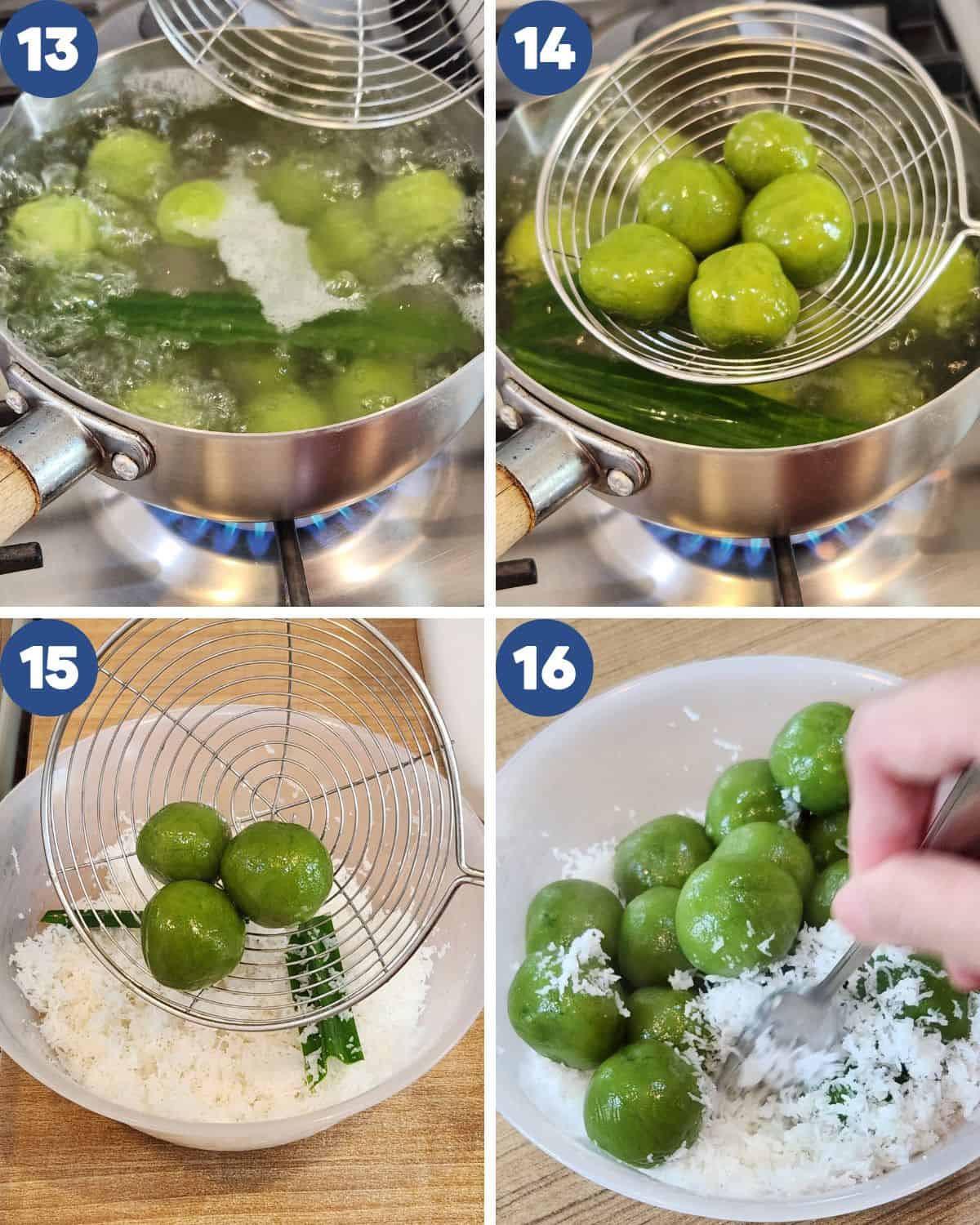 Step by step process photos of taking the cooked dough and coating them with coconut.